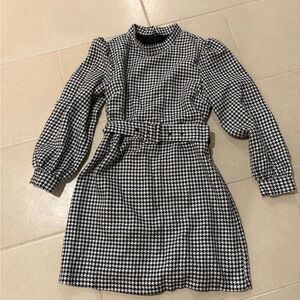Mod Chic Houndstooth Puff Sleeve Belted Mini Dress | Dark Academia Retro Sz S